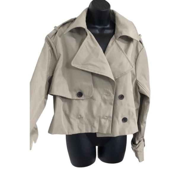 Stoosh tan beige cropped classic double breasted trench coat jacket‎ size Large - Picture 3 of 4